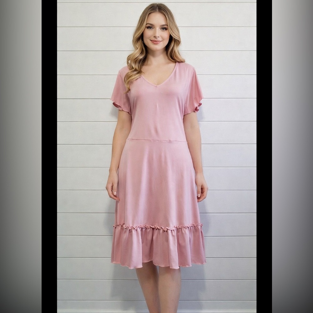 Alredine Blush Pink V-Neck Dress Ruffle Hem Short Sleeve Size Large